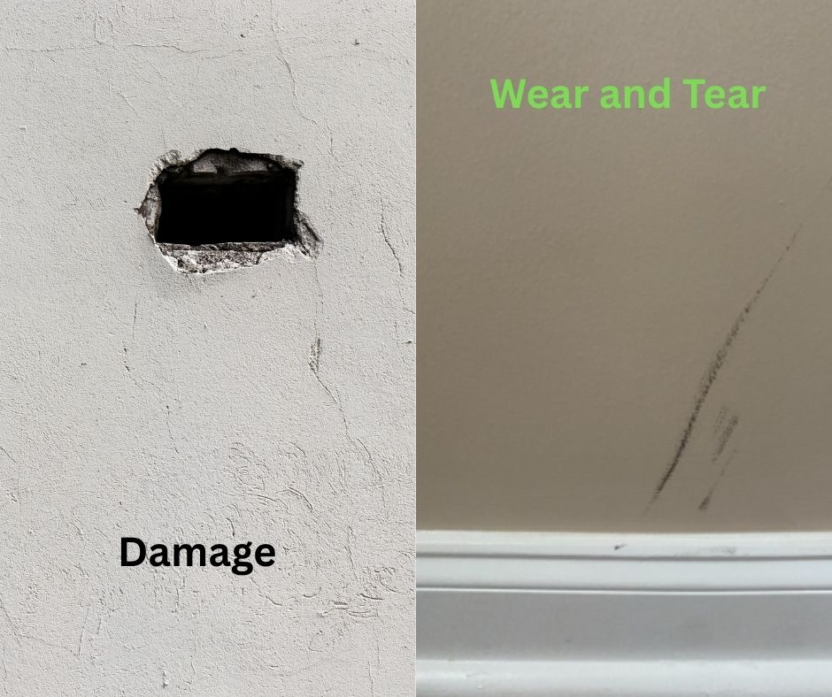 Two images showing the difference between tenant damage on the left and common wear and tear on the right.